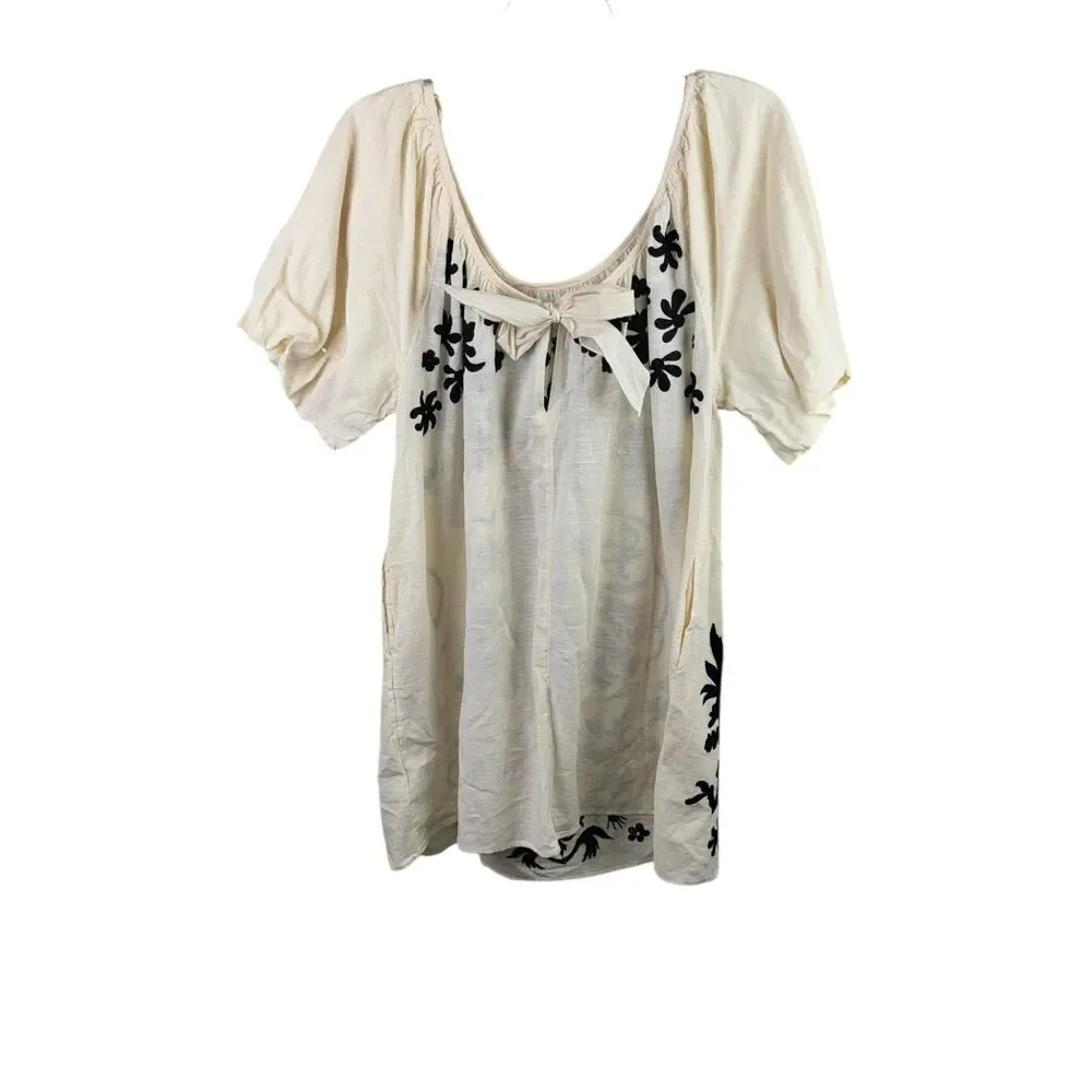 Free People Ivory Fiona‎ Mini Dress Size L New w/o Tags Puff Sleeve Pockets
